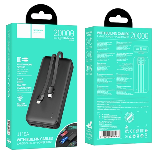 20000 mAh avec câble de recharge intégré, chargeur portable rapide 118 A