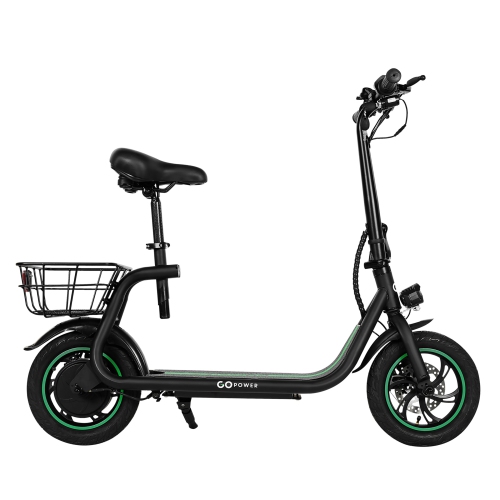 GoPowerBike GoFlow Electric Scooter with Seat | Comfortable Seat, Rear Basket, and Throttle Control | 16 mph Top Speed | 12 mile Range | 12" Tires |