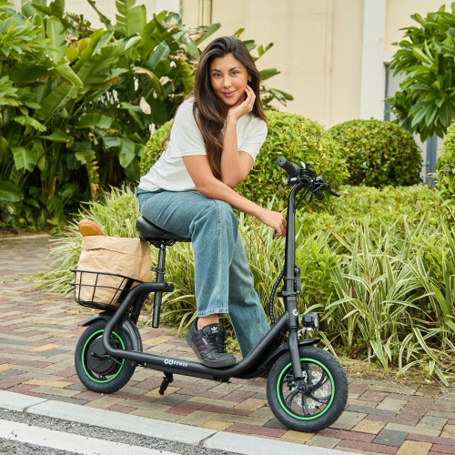 GoPowerBike GoFlow Electric Scooter with Seat | Comfortable Seat, Rear Basket, and Throttle Control | 16 mph Top Speed | 12 mile Range | 12" Tires |