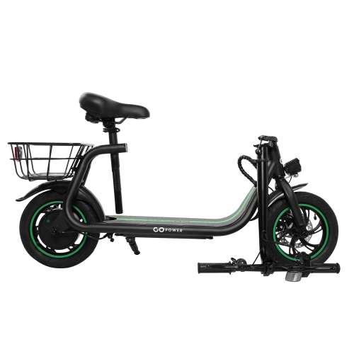 GoPowerBike GoFlow Electric Scooter with Seat | Comfortable Seat, Rear Basket, and Throttle Control | 16 mph Top Speed | 12 mile Range | 12" Tires |