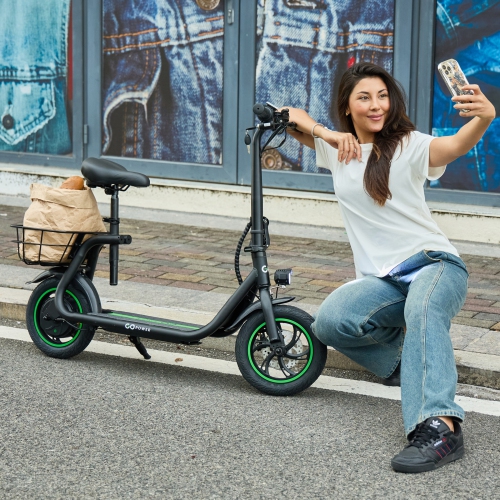 GoPowerBike GoFlow Electric Scooter with Seat | Comfortable Seat, Rear Basket, and Throttle Control | 16 mph Top Speed | 12 mile Range | 12" Tires |