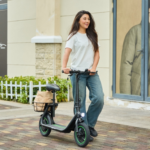 GoPowerBike GoFlow Electric Scooter with Seat | Comfortable Seat, Rear Basket, and Throttle Control | 16 mph Top Speed | 12 mile Range | 12" Tires |