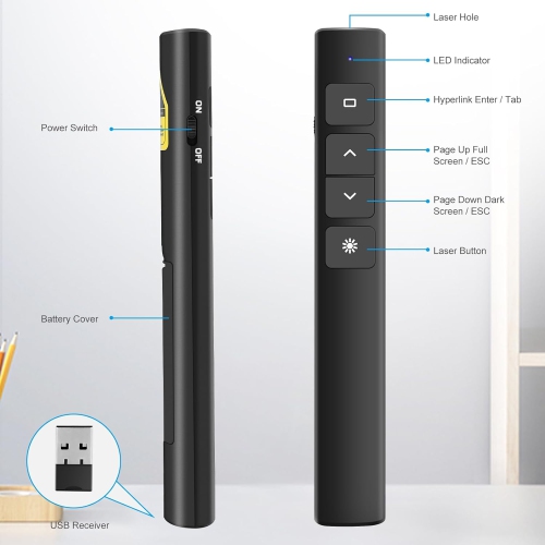 Wireless Presentation Clicker, 50M Range with Hyperlink & Volume Control for PowerPoint Slideshow