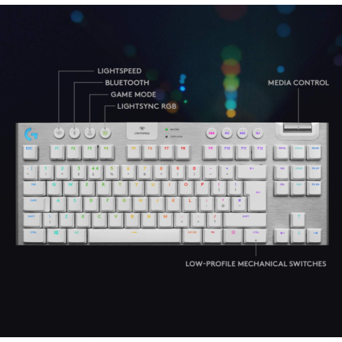 Logitech G915 TKL Tenkeyless Lightspeed Wireless RGB Mechanical Gaming Keyboard, Low Profile Switch Options, LIGHTSYNC RGB - Tactile - White