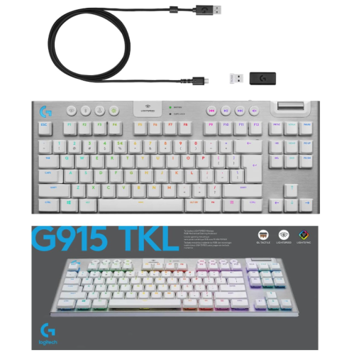 Logitech G915 TKL Tenkeyless Lightspeed Wireless RGB Mechanical Gaming Keyboard, Low Profile Switch Options, LIGHTSYNC RGB - Tactile - White