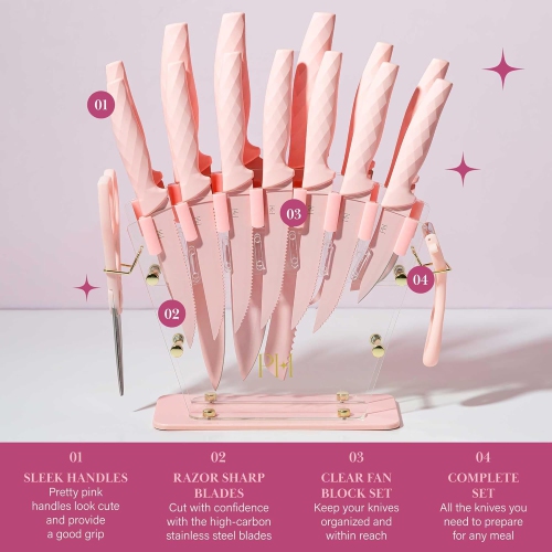 PH Knife Block Set with Fan Style Clear Acrylic Knife Block, Premium Stainless Steel Blades with Nonstick Coating, Comfort Grip Handles, 16-Piece