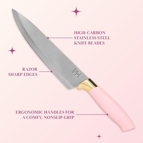 PH Knife Block Set with Fan Style Clear Acrylic Knife Block, Premium Stainless Steel Blades with Nonstick Coating, Comfort Grip Handles, 16-Piece