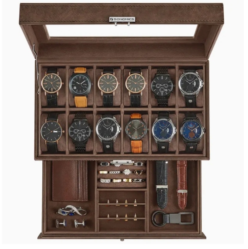 BOLDDECO  12-Slot Watch Box – Lockable Synthetic Leather Watch Case With Glass Lid, 2-Layer Jewelry Organizer for Watches, Jewelry & Small Timepieces