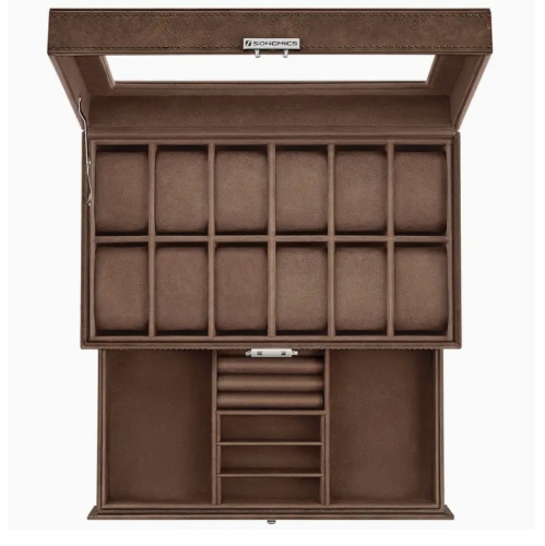 12-Slot Watch Box – Lockable Brown Synthetic Leather Watch Case with Glass Lid, 2-Layer Jewelry Organizer for Watches, Jewelry & Small Timepieces