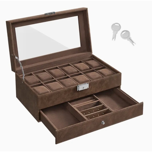 12-Slot Watch Box – Lockable Brown Synthetic Leather Watch Case with Glass Lid, 2-Layer Jewelry Organizer for Watches, Jewelry & Small Timepieces