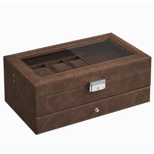 12-Slot Watch Box – Lockable Brown Synthetic Leather Watch Case with Glass Lid, 2-Layer Jewelry Organizer for Watches, Jewelry & Small Timepieces