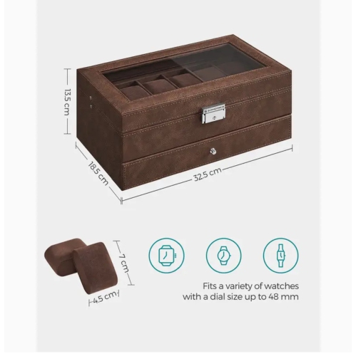 12-Slot Watch Box – Lockable Brown Synthetic Leather Watch Case with Glass Lid, 2-Layer Jewelry Organizer for Watches, Jewelry & Small Timepieces