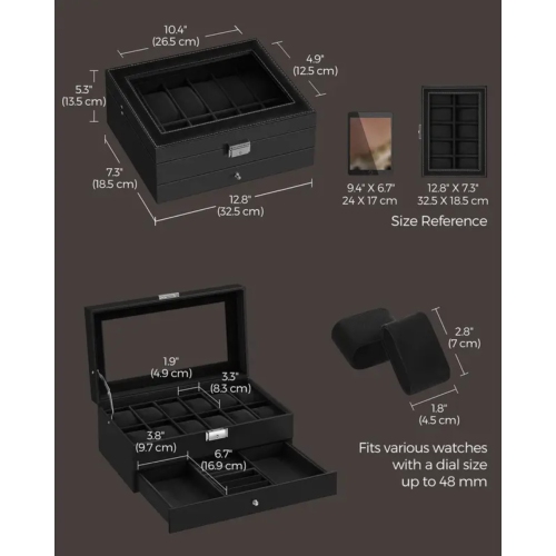 12-Slot Watch Box – Lockable Brown Synthetic Leather Watch Case with Glass Lid, 2-Layer Jewelry Organizer for Watches, Jewelry & Small Timepieces
