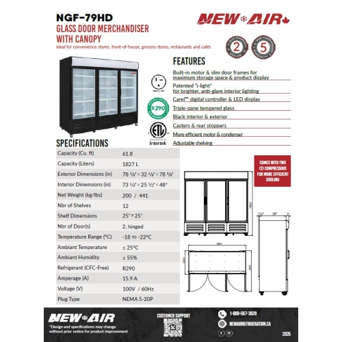 New Air Refrigeration NGF-79HD Glass Door Merchandisier with canopy - Ideal for convenience stores, front-of-house, grocery stores, restautants and