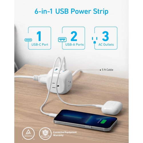 Barre d'alimentation USB-C 321 d'Anker, chargement rapide 20 W avec 3 prises, ports USB, rallonge 5 pi – pour iPhone 13/14, bureau à