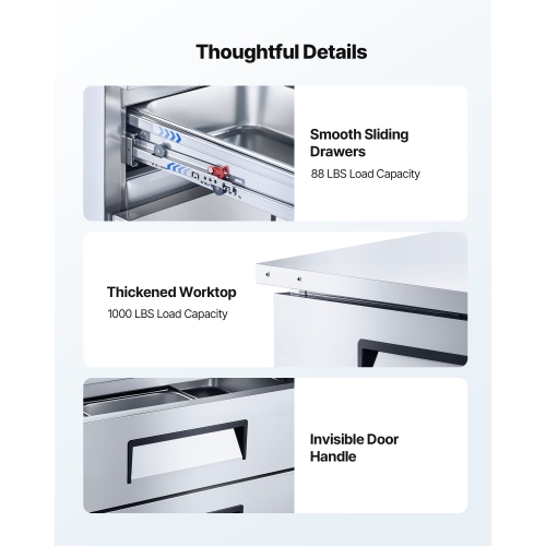 VEVOR 72" W Chef&nbsp;Base&nbsp;Refrigerator, Commercial Chef Bases Worktop Refrigerators, 4-Drawer Under Counter Fridge with 12 Pans Stainless