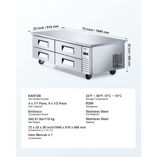 VEVOR 72" W Chef&nbsp;Base&nbsp;Refrigerator, Commercial Chef Bases Worktop Refrigerators, 4-Drawer Under Counter Fridge with 12 Pans Stainless