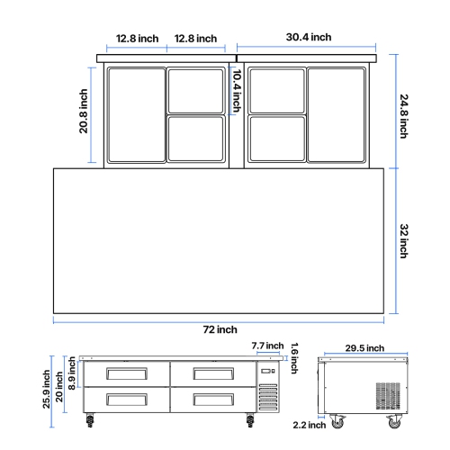 VEVOR 72" W Chef&nbsp;Base&nbsp;Refrigerator, Commercial Chef Bases Worktop Refrigerators, 4-Drawer Under Counter Fridge with 12 Pans Stainless