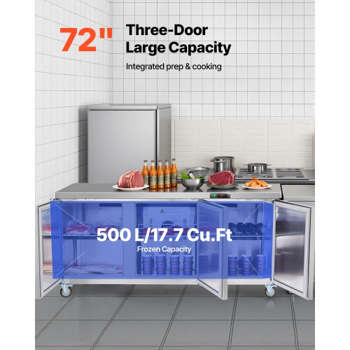 VEVOR 72" W Commercial Freezer, 17.7 Cu.Ft Worktop Freezers Undercounter with LED Auto Lighting and Lockable Door, 3 Doors Food Prep Worktable,