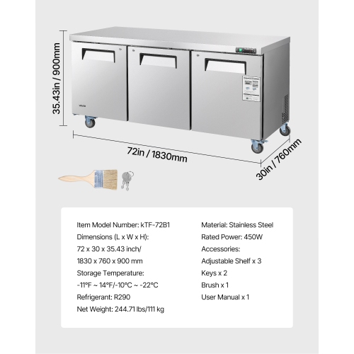 VEVOR 72" W Commercial Freezer, 17.7 Cu.Ft Worktop Freezers Undercounter with LED Auto Lighting and Lockable Door, 3 Doors Food Prep Worktable,