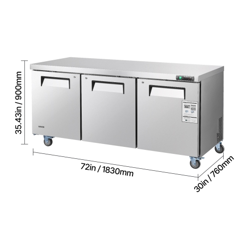 VEVOR 72" W Commercial Freezer, 17.7 Cu.Ft Worktop Freezers Undercounter with LED Auto Lighting and Lockable Door, 3 Doors Food Prep Worktable,