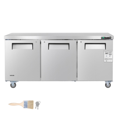 VEVOR 72" W Commercial Freezer, 17.7 Cu.Ft Worktop Freezers Undercounter with LED Auto Lighting and Lockable Door, 3 Doors Food Prep Worktable,