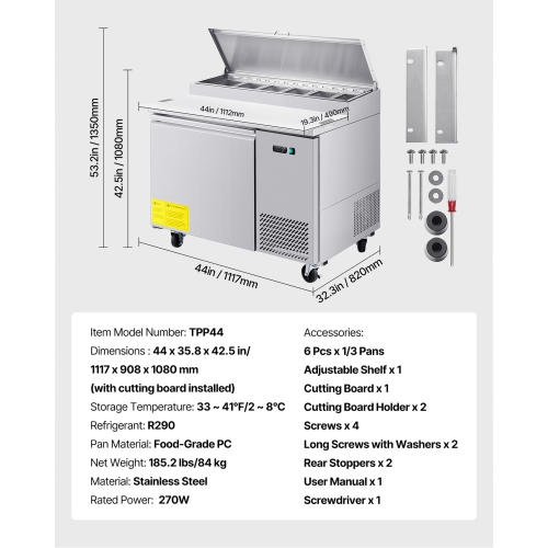 VEVOR 44" W Commercial Refrigerator,Pizza Prep Refrigerated Table, 20" Ultra Wide Countertop Food Prep Worktable, 11 Cu.Ft Single Door Salad Prep