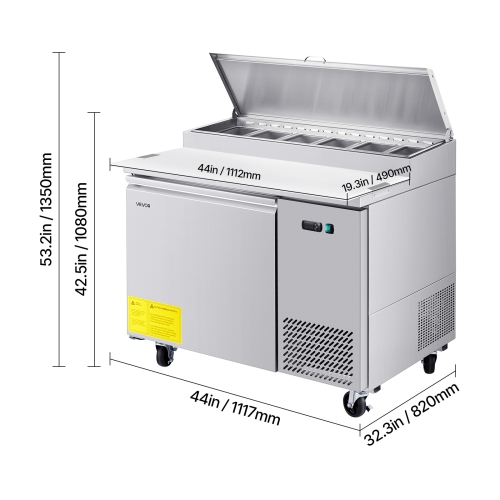 VEVOR 44" W Commercial Refrigerator,Pizza Prep Refrigerated Table, 20" Ultra Wide Countertop Food Prep Worktable, 11 Cu.Ft Single Door Salad Prep