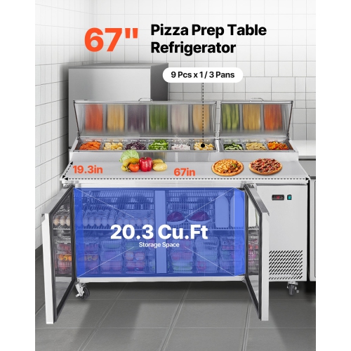 VEVOR 67"W Commercial Refrigerator, Pizza Prep Refrigerated Table,20" Ultra Wide Countertop Food Prep Worktable, 20.3 Cu.Ft Single Door Salad Prep