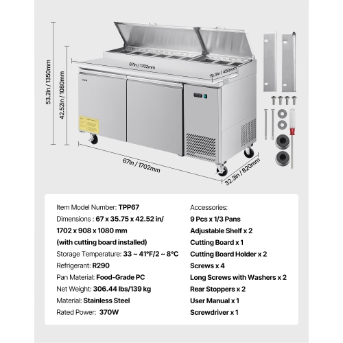 VEVOR 67"W Commercial Refrigerator, Pizza Prep Refrigerated Table,20" Ultra Wide Countertop Food Prep Worktable, 20.3 Cu.Ft Single Door Salad Prep