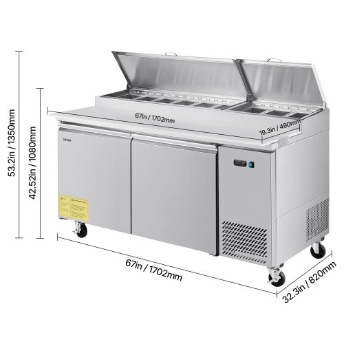 VEVOR 67"W Commercial Refrigerator, Pizza Prep Refrigerated Table,20" Ultra Wide Countertop Food Prep Worktable, 20.3 Cu.Ft Single Door Salad Prep