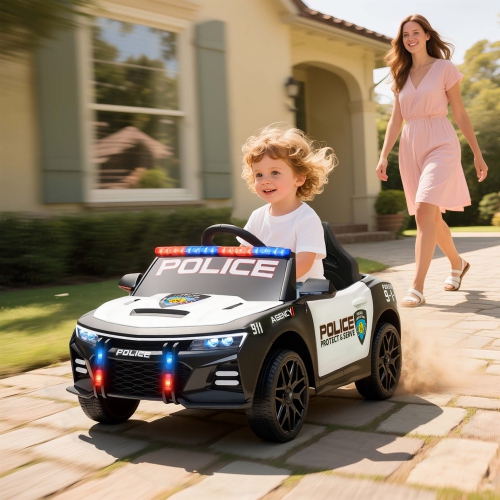 Qaba Kids Electric Ride on Police Car, 12V Battery Powered Electric Car for Kids with Remote Control, Sirens, Flashing Lights, Music, Horn, Shock