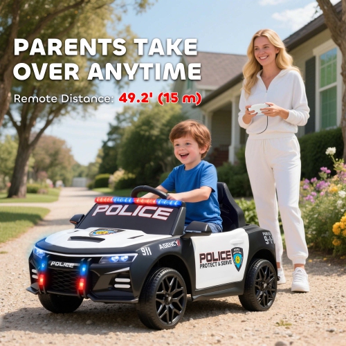 Qaba Kids Electric Ride on Police Car, 12V Battery Powered Electric Car for Kids with Remote Control, Sirens, Flashing Lights, Music, Horn, Shock