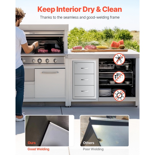 VEVOR 16.5"W x 29"H x 20.5"D Outdoor Kitchen Drawers, Triple Access Drawers, Stainless Steel Flush Mount Cabinets, BBQ Island Drawers Storage with