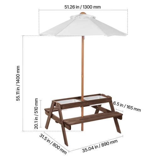 VEVOR 3-in-1 Kids Picnic Table with Umbrella,&nbsp;Sand & Water Table, Outdoor&nbsp;Wooden&nbsp;Table&nbsp;and&nbsp;Bench&nbsp;Set with