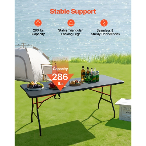 VEVOR 6 Ft Folding Table,Heavy Duty Portable Fold-in-Half Utility Table, Indoor Outdoor Plastic Rectangle Table with Built in Handle, for Party,