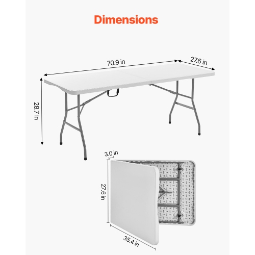 VEVOR 6 Ft Folding Table,Heavy Duty Portable Fold-in-Half Utility Table, Indoor Outdoor Plastic Rectangle Table with Built in Handle, for Party,