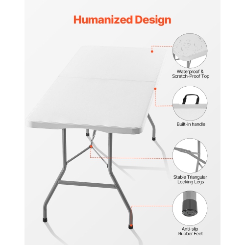 VEVOR 6 Ft Folding Table,Heavy Duty Portable Fold-in-Half Utility Table, Indoor Outdoor Plastic Rectangle Table with Built in Handle, for Party,