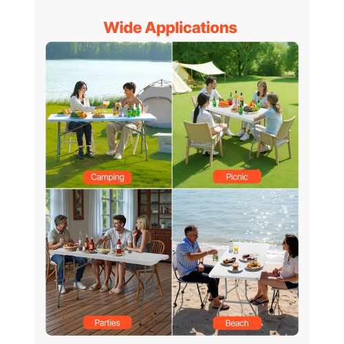 VEVOR 6 Ft Folding Table,Heavy Duty Portable Fold-in-Half Utility Table, Indoor Outdoor Plastic Rectangle Table with Built in Handle, for Party,