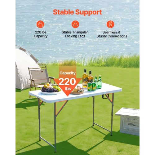 VEVOR 4 Ft Folding Table,Heavy Duty Portable Fold-in-Half Utility Table, Indoor Outdoor Plastic Rectangle Table with Adjustable Height and Built in