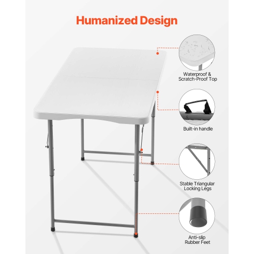 VEVOR 4 Ft Folding Table,Heavy Duty Portable Fold-in-Half Utility Table, Indoor Outdoor Plastic Rectangle Table with Adjustable Height and Built in
