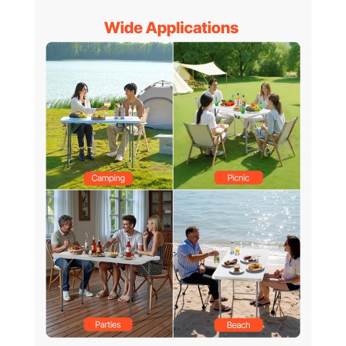 VEVOR 4 Ft Folding Table,Heavy Duty Portable Fold-in-Half Utility Table, Indoor Outdoor Plastic Rectangle Table with Adjustable Height and Built in