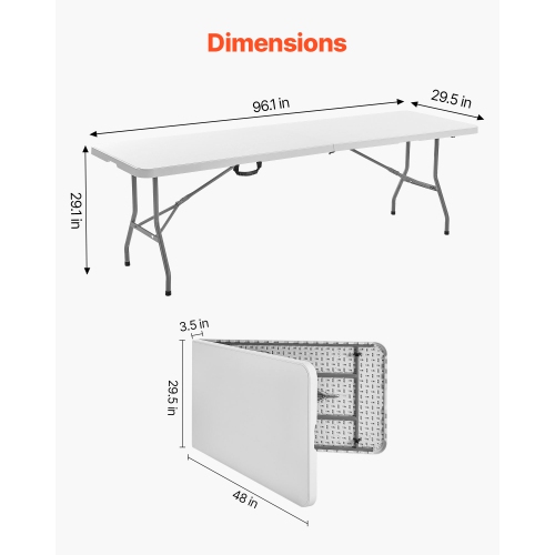 VEVOR 8 Ft Folding Table, Heavy Duty Portable Fold-in-Half Utility Table, Indoor Outdoor Plastic Rectangle Table with Built in Handle, for Party,