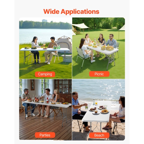 VEVOR 8 Ft Folding Table, Heavy Duty Portable Fold-in-Half Utility Table, Indoor Outdoor Plastic Rectangle Table with Built in Handle, for Party,