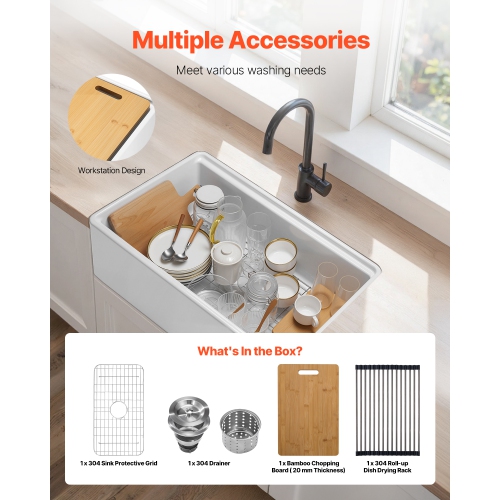 VEVOR 32.5x20 inch Farmhouse Sink, White Sink Workstation, Fireclay Undermount Basins, Apron Front Single Bowl Basin with Multiple Accessories, Large