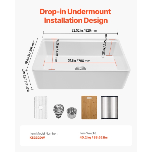 VEVOR 32.5x20 inch Farmhouse Sink, White Sink Workstation, Fireclay Undermount Basins, Apron Front Single Bowl Basin with Multiple Accessories, Large