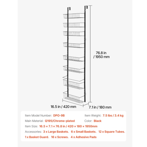 VEVOR 9-Tier Over the Door Pantry Organizer, Pantry Organization and Storage, Heavy-Duty Steel Hanging Spice Rack, Adjustable Wall Seasoning Shelves,