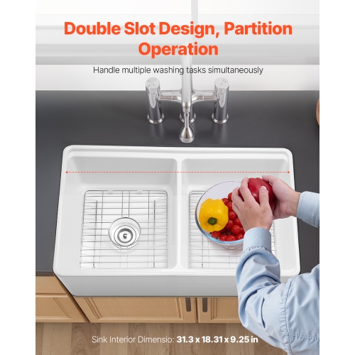 VEVOR 33x20 inch Farmhouse Sink,White Sink Workstation,Fireclay Undermount Basins, Apron Front Double Bowl Basin with Multiple Accessories,Large