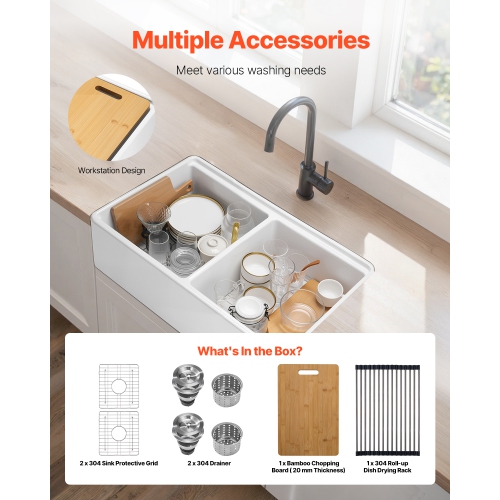 VEVOR 33x20 inch Farmhouse Sink,White Sink Workstation,Fireclay Undermount Basins, Apron Front Double Bowl Basin with Multiple Accessories,Large