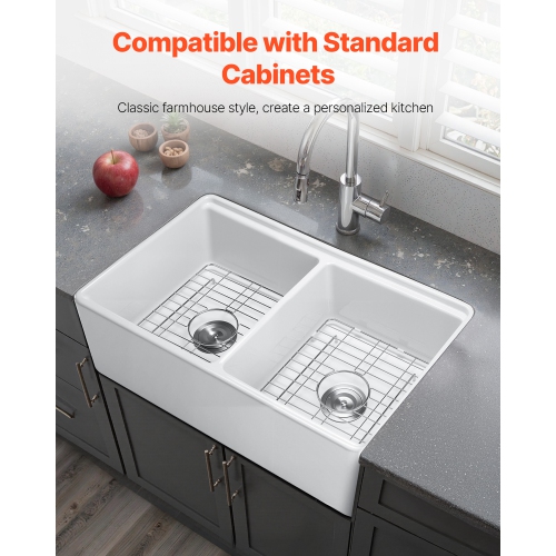 VEVOR 33x20 inch Farmhouse Sink,White Sink Workstation,Fireclay Undermount Basins, Apron Front Double Bowl Basin with Multiple Accessories,Large